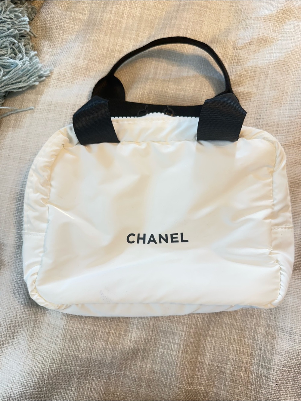 CHANEL White Nylon Tote with Black Handles